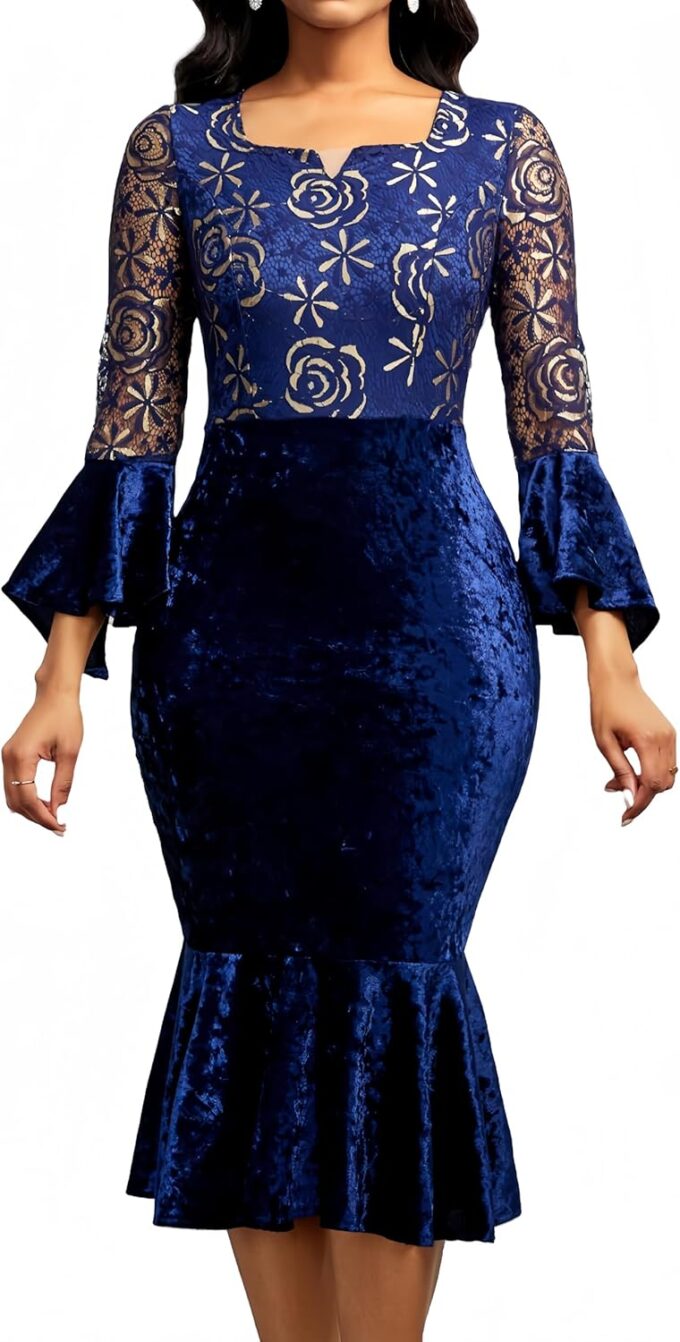 Midi Lace Dress for Women Sexy Bodycon Fishtail Dress Elegance Cocktail Party Banquet Church Outfits
