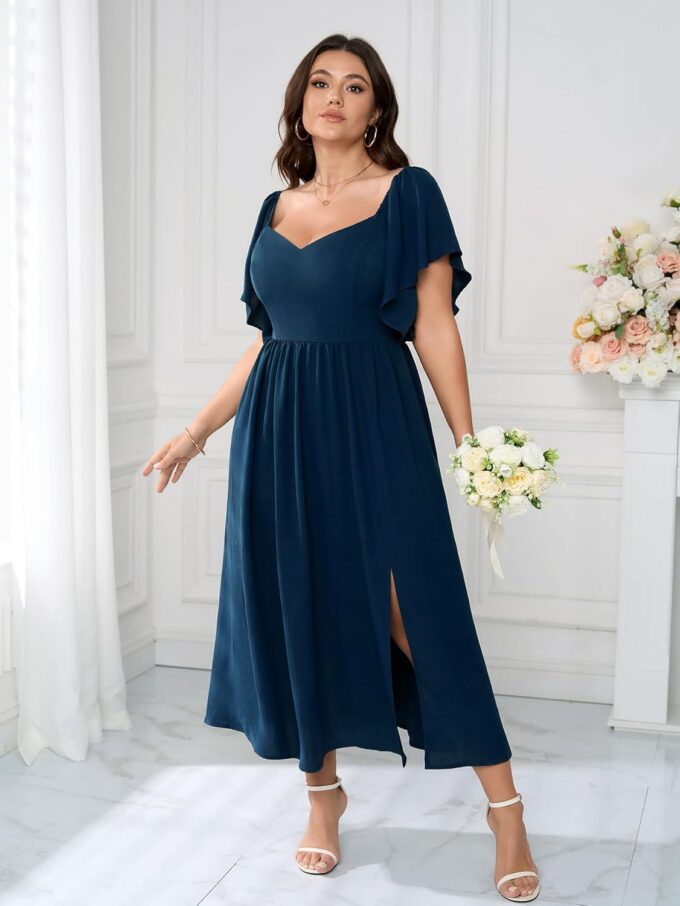 SCOMCHIC Women Plus Size Dresses Short Sleeve Sweetheart Neckline Wedding Guest Cocktail Smocked A Line Slit Maxi Dress – Bild 2