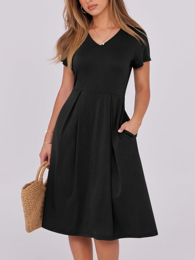 ANRABESS Women Summer Dress Casual Short Sleeve V Neck A-Line Knee Length Pleated Flowy 2025 Fashion Midi Dresses with Pocket – Bild 2