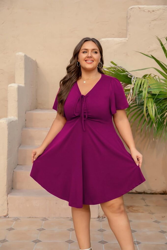 Women's Plus Size Dresses Casual Flowy Dress with Pocket Short Ruffle Sleeve V Neck Drawstring Bow Summer – Bild 3