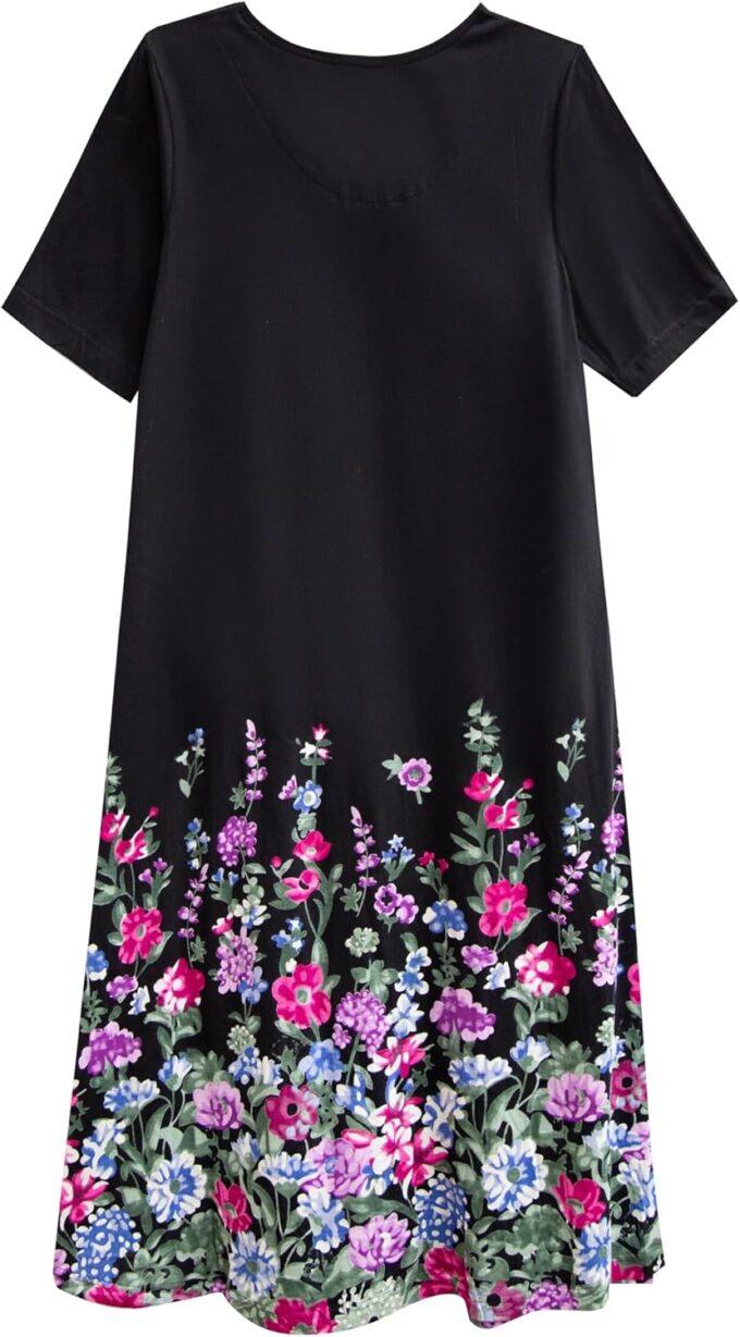 LA CERA Women's Printed 100% Cotton Dress, Scoop Neck, Short Sleeves, Floral Print, Two Side Seam Pockets, A-Line – Bild 4