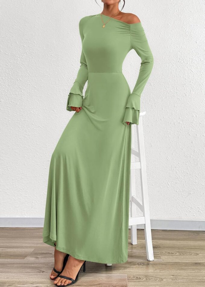 PRETTYGARDEN Womens Dresses Off The Shoulder Flare Sleeve Ruched Knit A-Line Wedding Guest Maxi Dress Fall Outfits 2025 – Bild 6