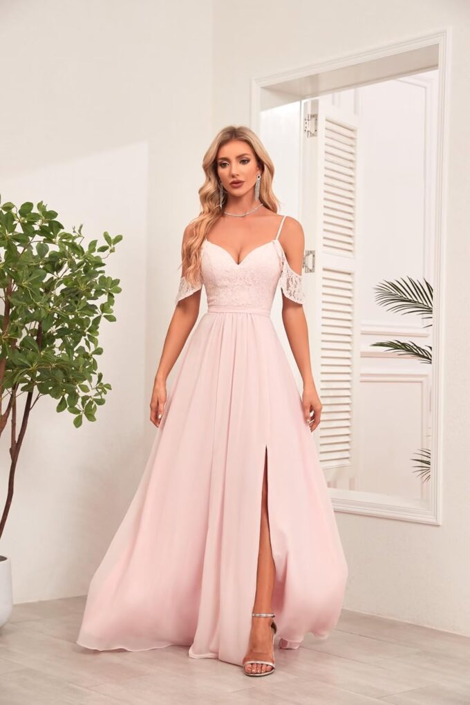 Women’s Ruffle Sleeve Bridesmaid Dresses with Pockets Pleated Chiffon Floor Length Formal Evening Gowns for Wedding. – Bild 2