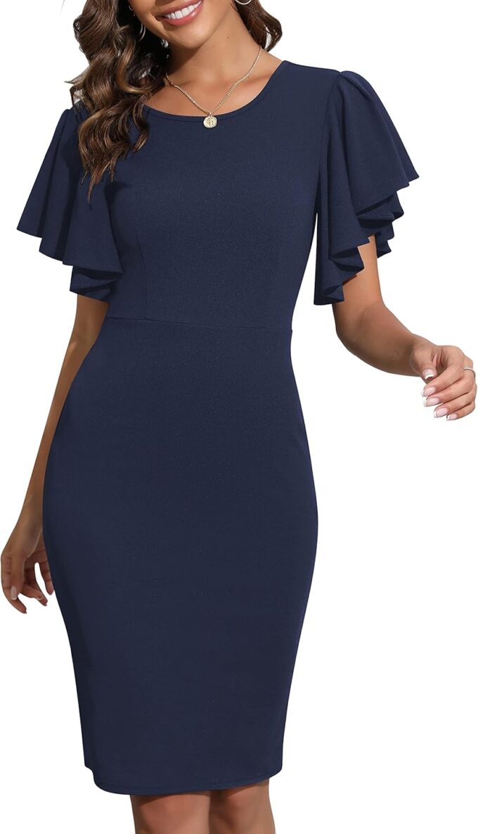 YATHON Women's Bodycon Flutter Sleeve Summer Dress Vintage Round Neck V-Back Sheath Slim Fit Cocktail Party Dresses