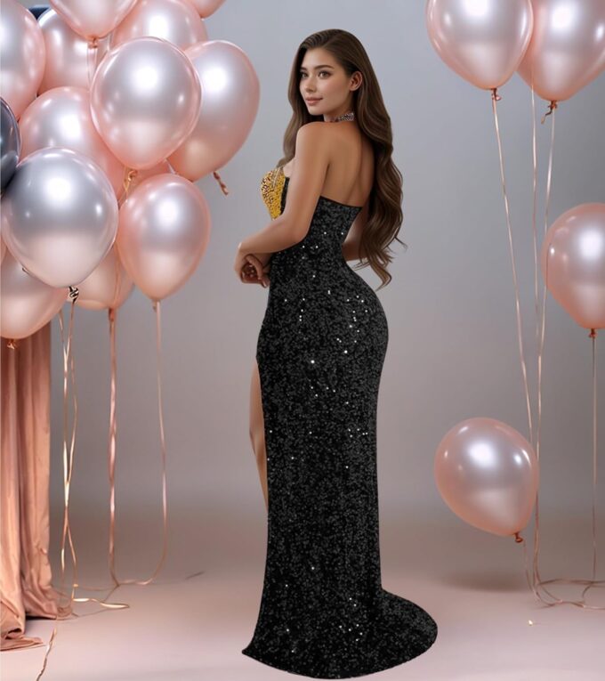 Women Sexy Elegant Rhinestone Mesh See Through Party Club Night Split Bodycon Formal Maxi Dress – Bild 3