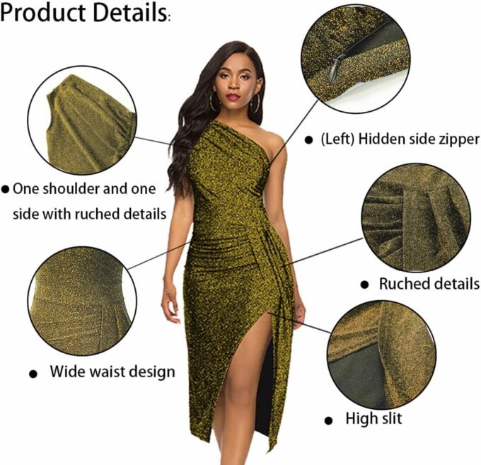 Womens Elegant Sleeveless one Shoulder Ruched High Slit Evening Cocktail Party Dresses – Bild 3