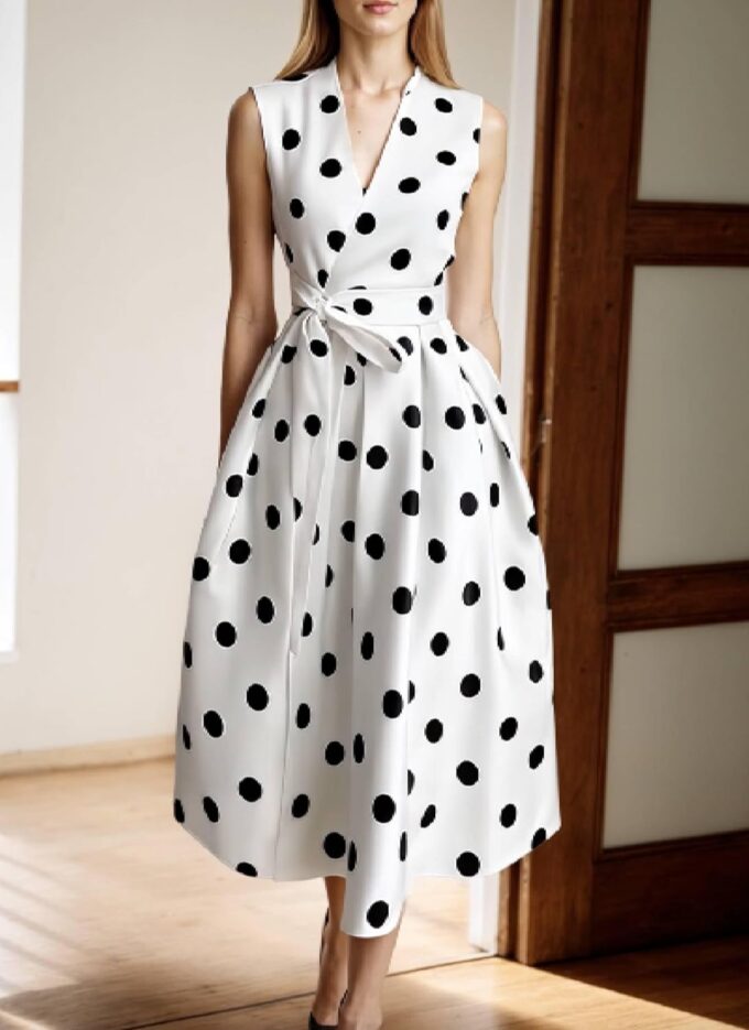 Summer Dresses for Women 2025 Elegant White Aline Midi Dress with Bow Side Pockets Polka Dot Cocktail Dress – Bild 2