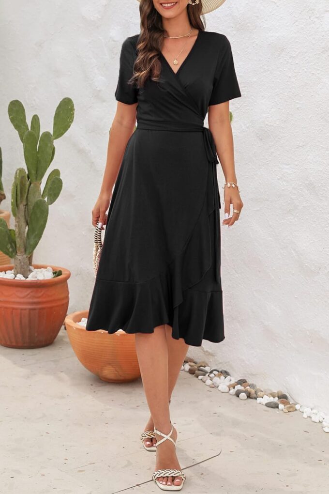 SLOWTOWN Women's Wrap Dress V Neck Short Sleeve Ruffle Hem Midi Dress – Bild 2