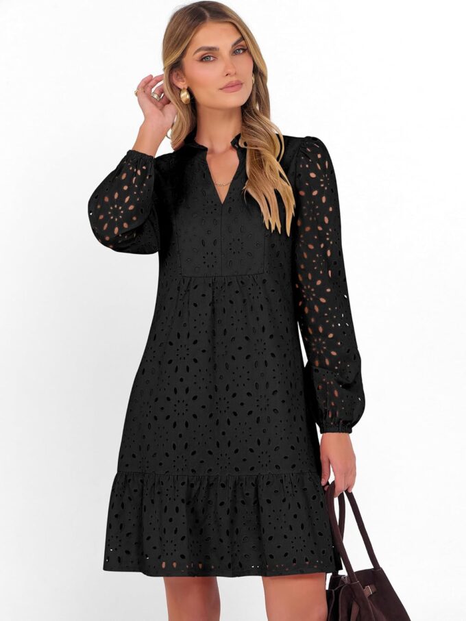 Caracilia Long Sleeve Dress for Women V Neck Hollow Out Eyelet Casual Fall Boho Flowy Swing Tiered Mini Vacation Dresses – Bild 4