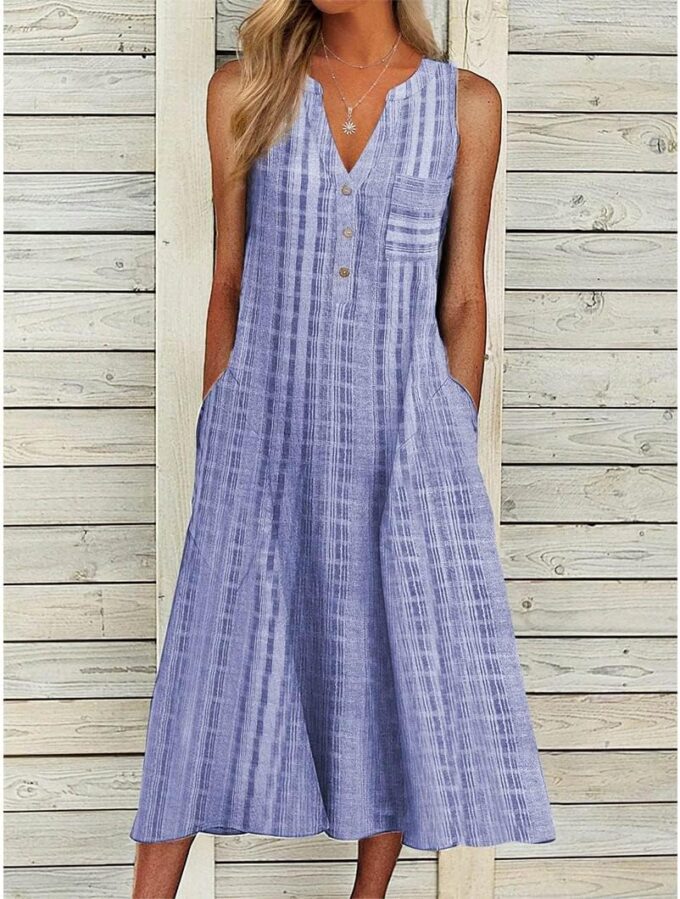 Women Casual Dress Summer Stripe Button V Neck Sleeveless with Pocket Long Dresses Holiday Beach Party Midi Dress – Bild 2