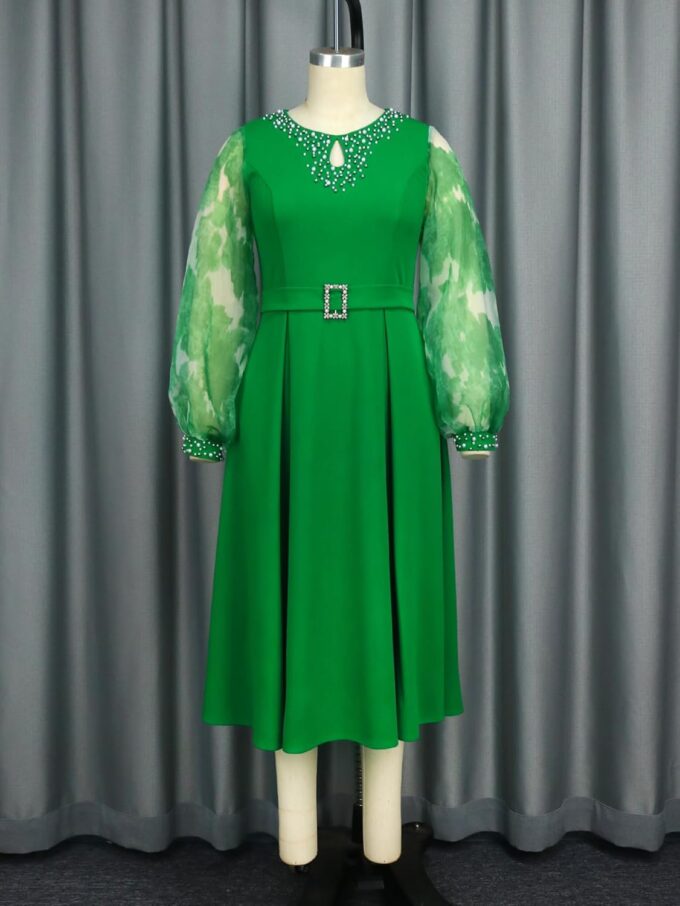 AOMEI Damen Elegant Grün A-Linie Kleid O Ausschnitt Perlen Gedruckt Lange Puffärmel Patchwork mit Gürtel Arbeit Büro Midi Kleider – Bild 4