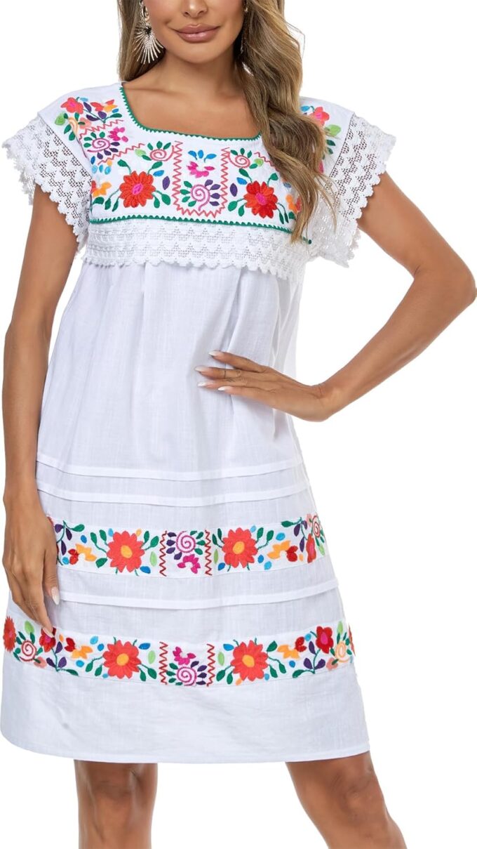 YZXDORWJ Women Embroidered Mexican Peasent Lace Short Sleeves Dress – Bild 3