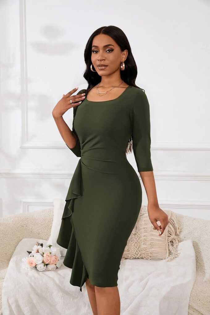 Womens 1950s Vintage Bodycon Dress 3/4 Sleeve Square Neck Cocktail Pencil Sheath Midi Dress Elegant – Bild 6