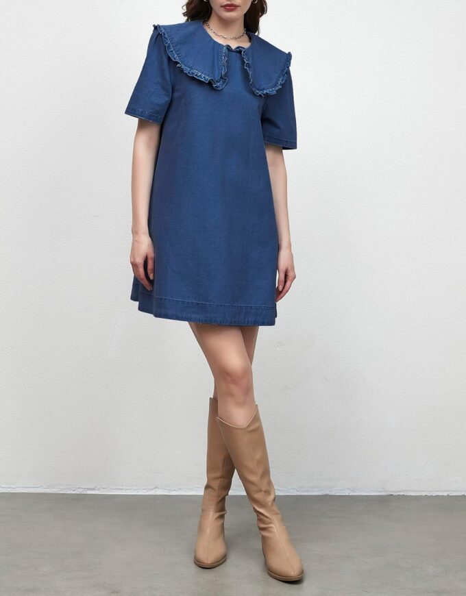 Kedera Womens Denim Mini Dress 2025 Peter Pan Collar Short Sleeve Casual Summer Babydoll Jean Dress with Pockets – Bild 5
