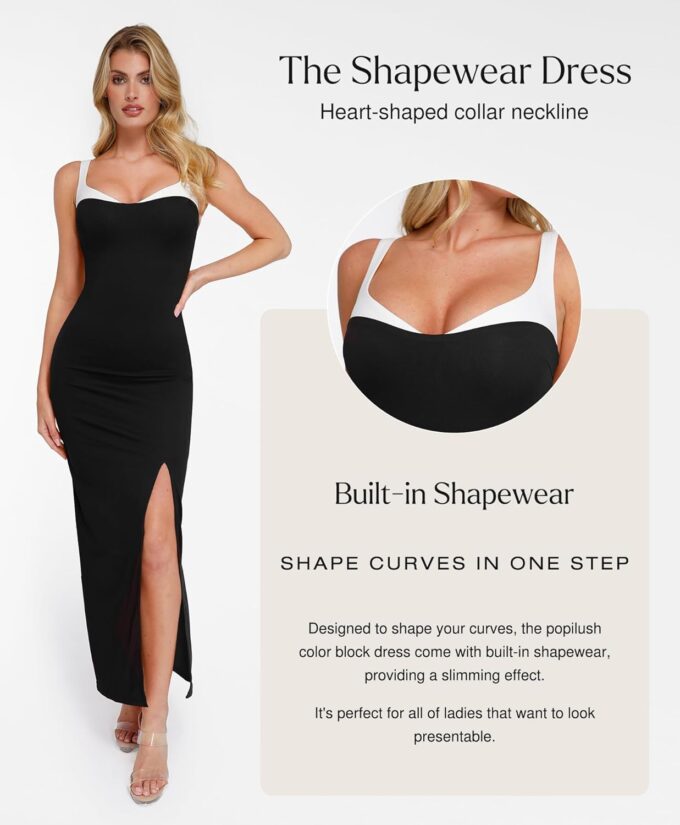 Popilush Summer Maxi Dress for Women - Shapewear Formal Cocktail Party Long Dresses Contrast Trim V Neck Bodycon Dress – Bild 4