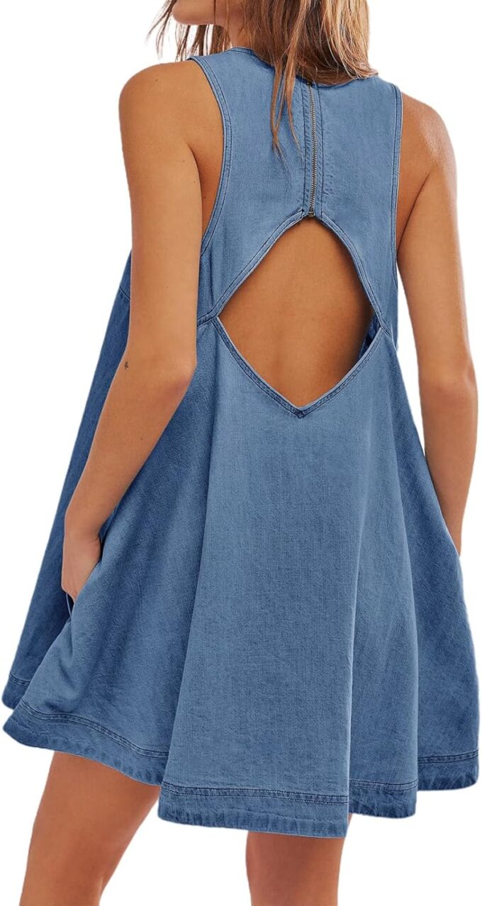 Women's Sleeveless Casual Denim Dress Crewneck Vintage Babydoll Jean Mini Dresses with Pockets