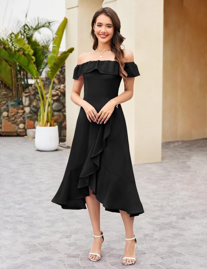 Aupuls Women Chiffon Off Shoulder Formal Dresses High Low Ruffle Midi Cocktail Wedding Guest Dress – Bild 2