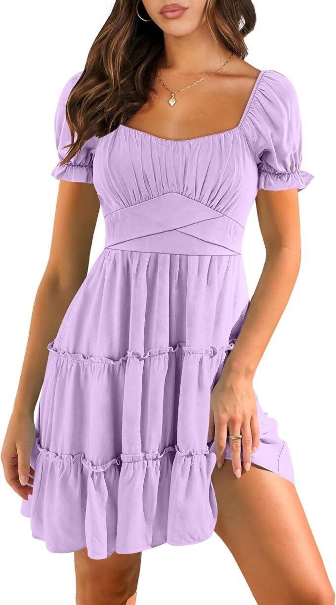 Caracilia Womens Dresses Summer 2025 Short Sleeve Square Neck Mini Dress Babydoll A-Line Ruffle Flowy Casual Beach Clothes