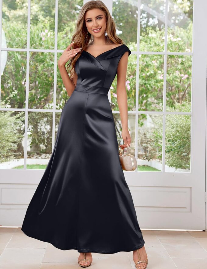 Women's Vintage 1950s V Neck Satin Cocktail Bridesmaid Floor Length Dress – Bild 4