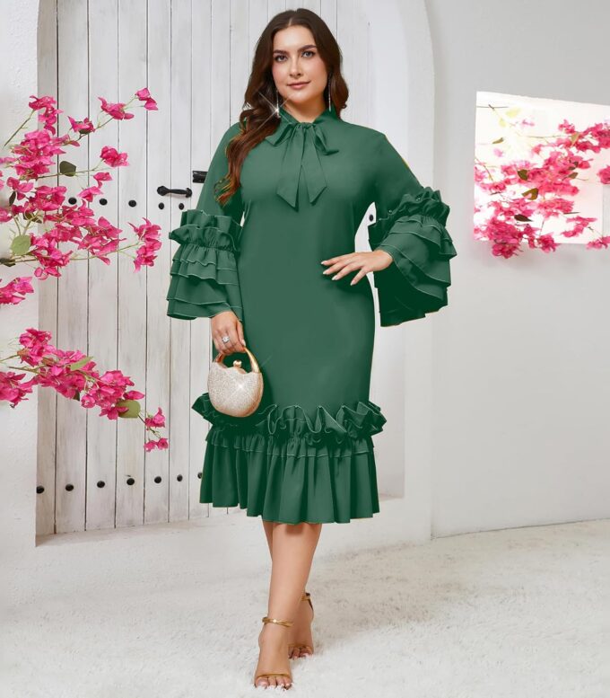 Women's Plus Size Midi Dress Ruffle Sleeve Bow Tie Neck Casual A line Swing Midi Dresses – Bild 3