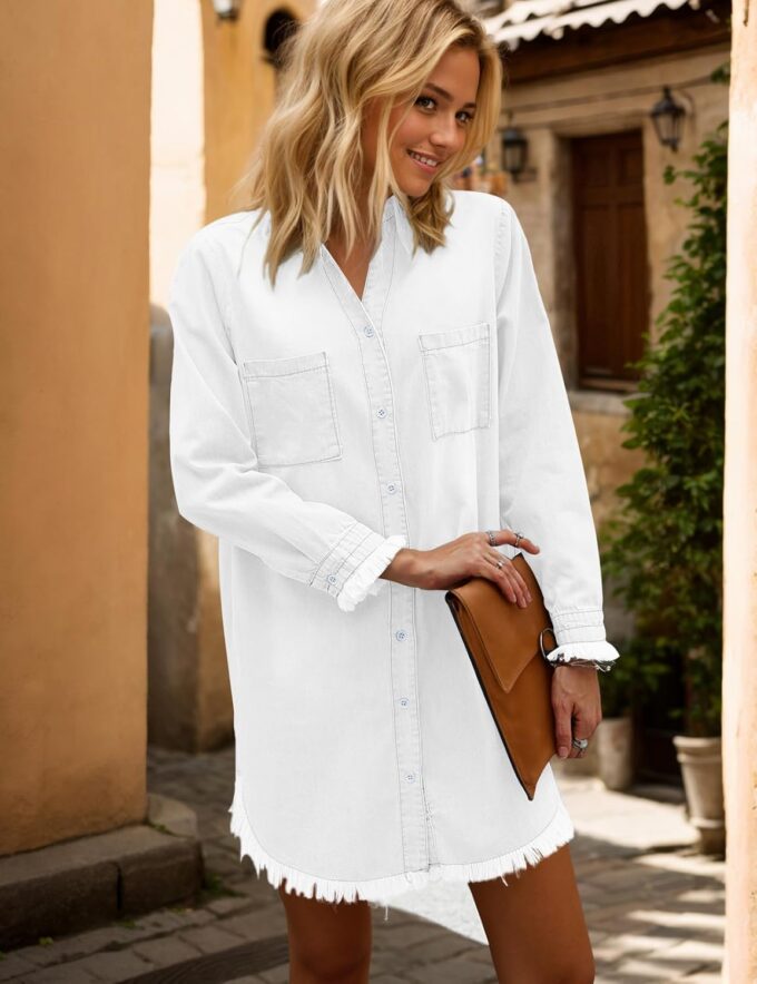 Zilcremo Women Denim Shirt Dresses Long Sleeve Distressed Jean Dress Button Down Casual Tunic Top – Bild 4