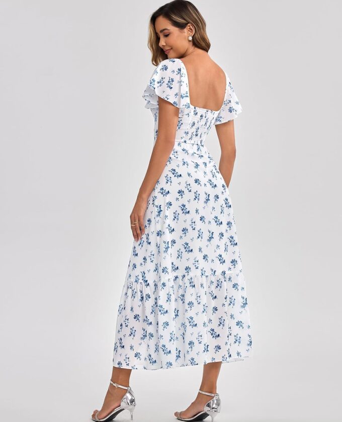 GLNEGE Women's 2025 Summer Midi Floral Boho Dresses Casual Flowy Beach Short Sleeve Dress Ruffle Hem Smocked Sundresses – Bild 3