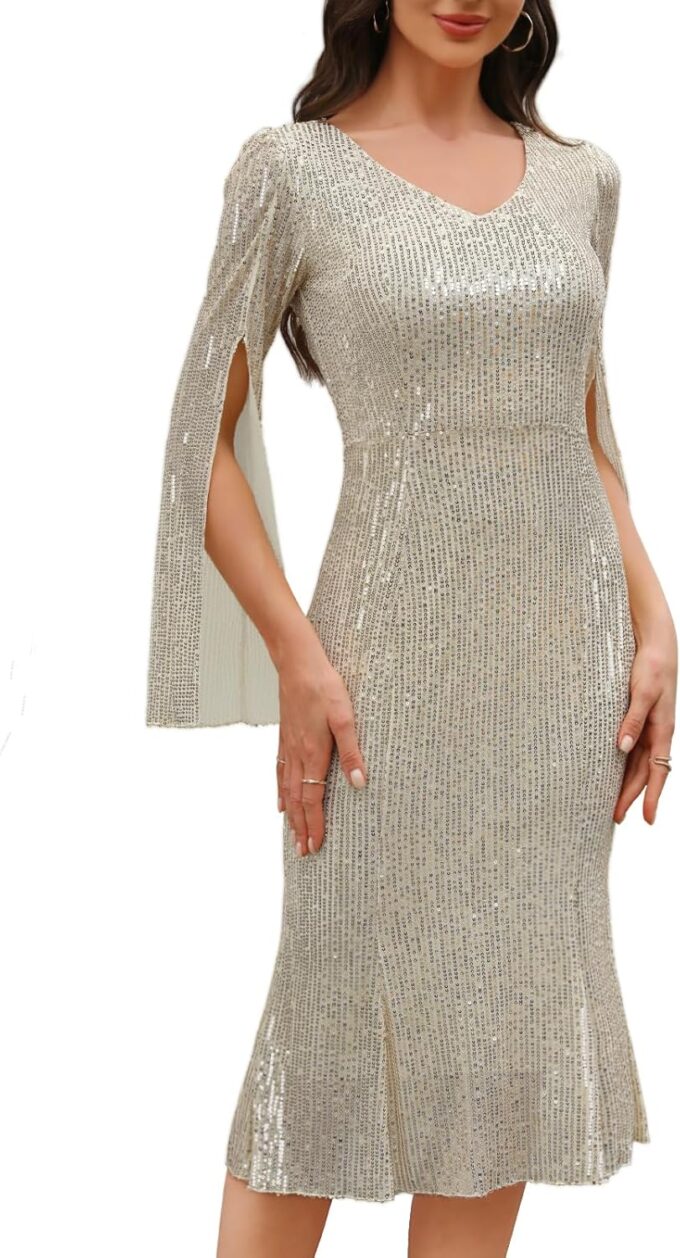 Sequin Cocktail Formal Dresses for Women,Weddings Guest Evening Party Gowns Slim Midi Fishtail Dress – Bild 5