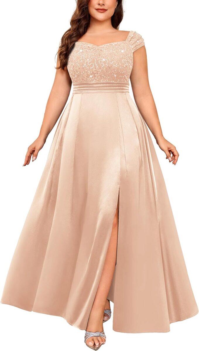 MISSMAY Women's Plus Size Sequin Lace Off Shoulder Satin Slit Formal Evening Party Maxi Dress