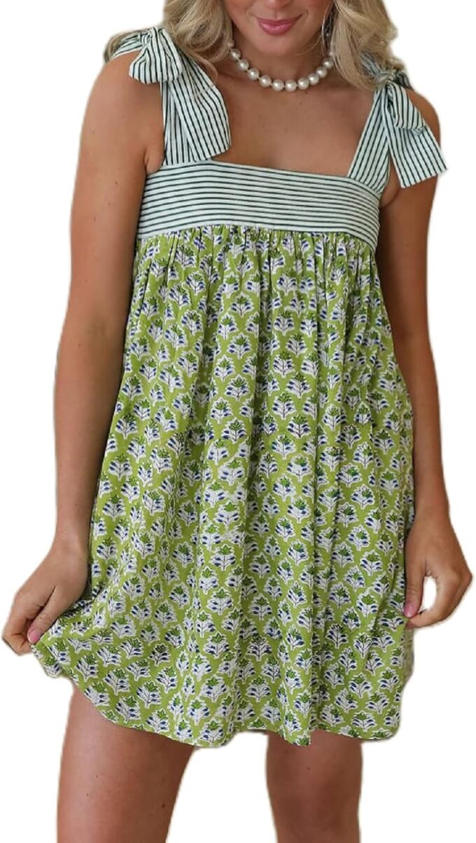 Women Tie Shoulder Mini Dress Floral Ruffle Babydoll Dress Boho Square Neck Sundress Cute Summer Dresses
