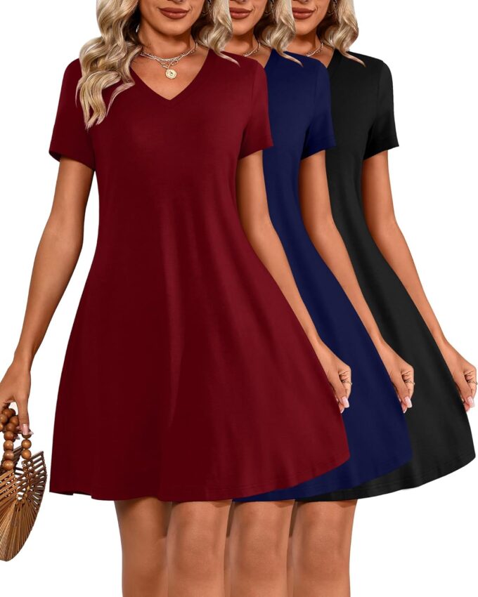 Huukeay 3 Pack Women's V Neck Short Sleeve T Shirt Dress Trendy Basics Dress