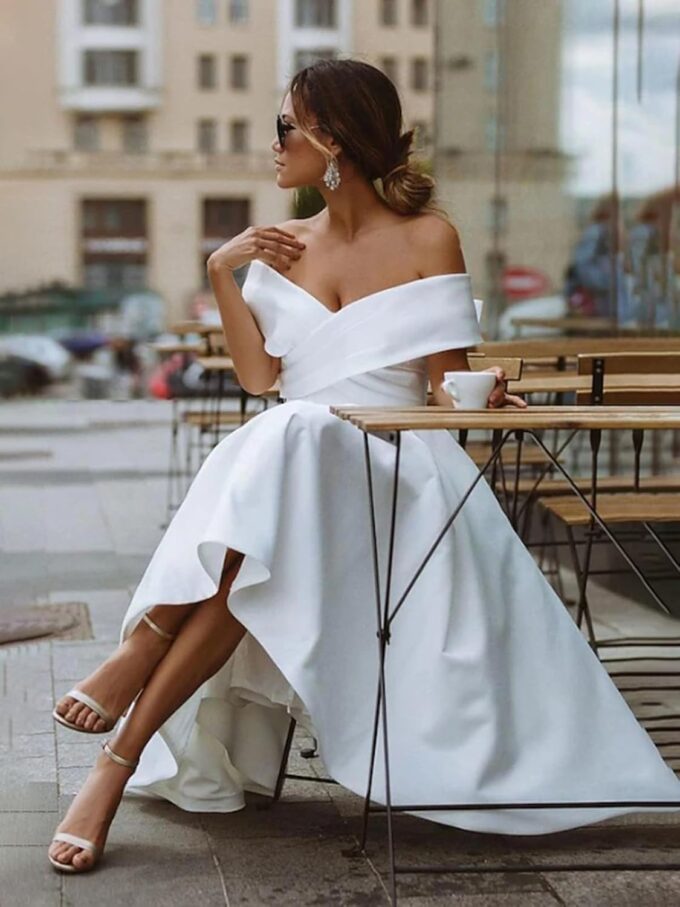 Simple Short Wedding Dresses for Bride Modest White A Line Off The Shoulder Tea Length Satin Wedding Dress for Women Formal Bridal Shower Engagement Elopement Dresses US12 – Bild 4