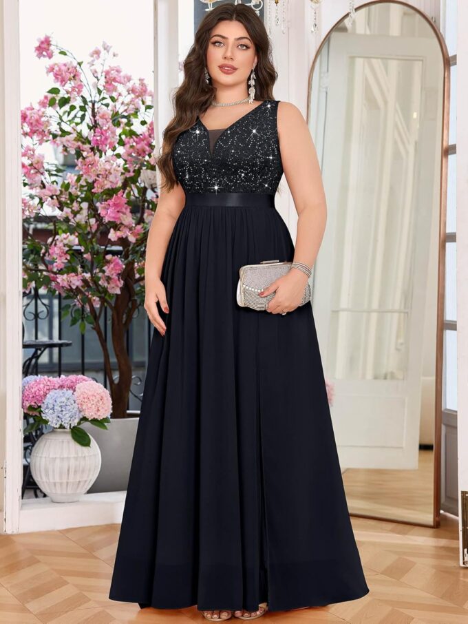 MISSMAY Women's Plus Size Sequined Lace Deep V-Neck Sleeveless Slit Formal Evening Party Maxi Dress – Bild 3