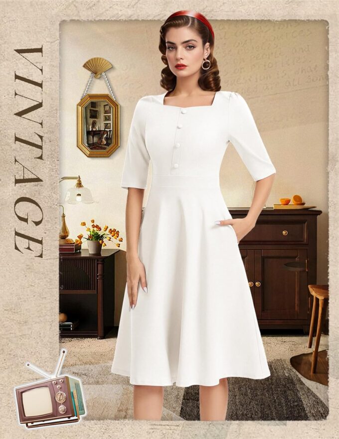 Bbonlinedress Vintage Cocktail Dress Women Formal Wedding Guest Church Modest Square Neck Tea Dress with 3/4 Sleeve – Bild 2