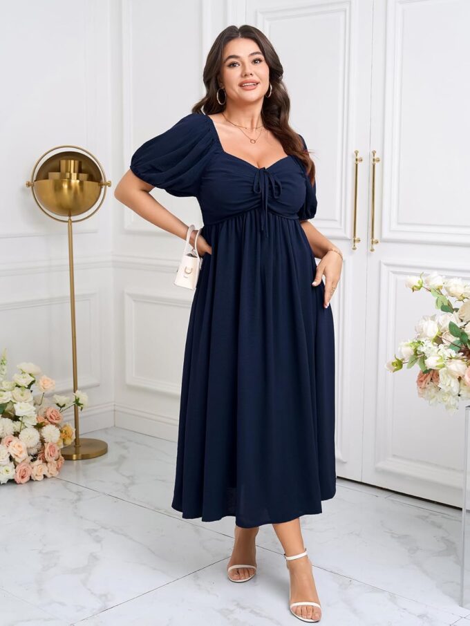 SCOMCHIC Plus Size Sweetheart Neckline Maxi Dress Formal Wedding Guest Short Puff Sleeve Cocktail Smocked A-Line Dresses – Bild 3