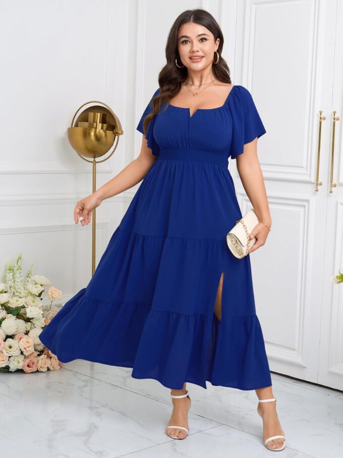 SCOMCHIC Womens Plus Size Maxi Dress Formal Short Sleeve Square Neck Smocked Side Split Flowy A Line Tiered Long Dress – Bild 2