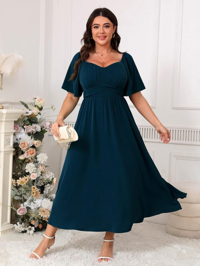 Plus Size Dress Wedding Guest Semi Formal Ruffle Short Sleeve Sweetheart Neckline Slit A Line Flowy Maxi Dresses – Bild 2
