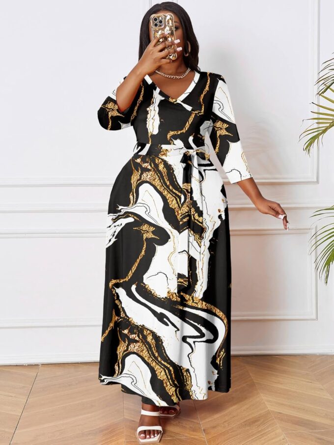 Runwind Plus Size Dress for Women - 3/4 Sleeve V Neck Printing Maxi Dresses for Women （XL-6XL） – Bild 6