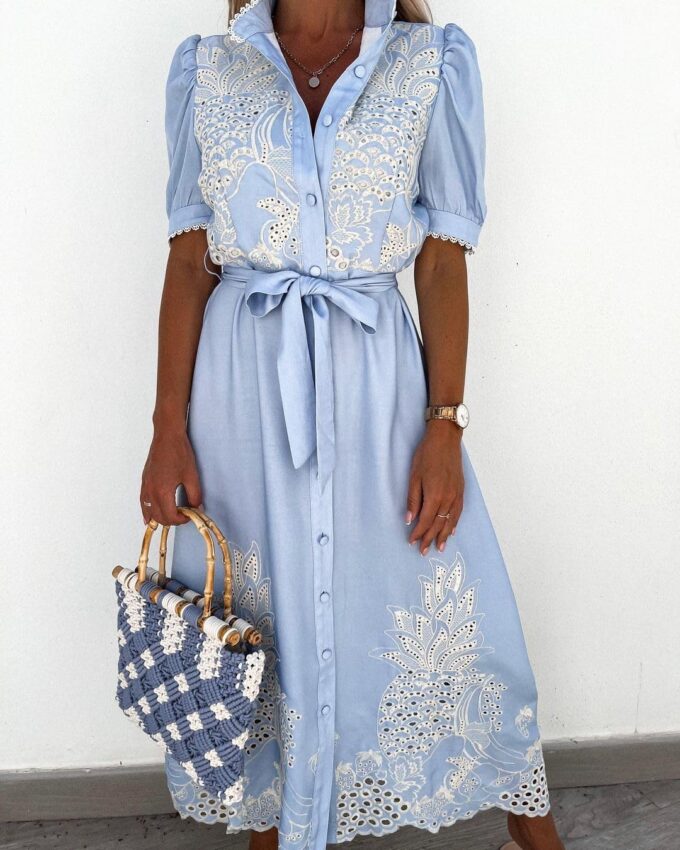 utcoco Women's Embroidered Eyelet Shirt Dresses Belted Puff Sleeve Button Down Swing Boho Cotton Maxi Shirt Dress – Bild 2