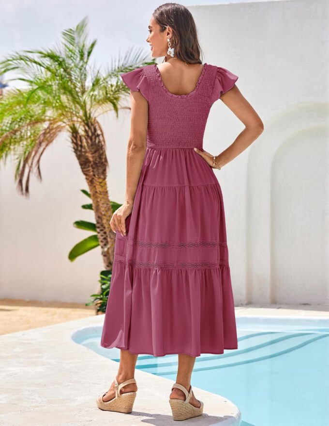 GRACE KARIN Womens Summer Dress Casual 2025 Flutter Sleeve Square Neck Smocked Boho Beach Dresses Tiered Midi Long Sundress – Bild 3