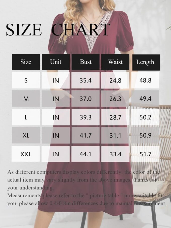 Damen Sommer Elegant Kurzarm V-Ausschnitt Karriere Kleid A-Linie Kleid Casual Midi Knielang Ausgestelltes Kleid mit Gürtel M708 – Bild 6
