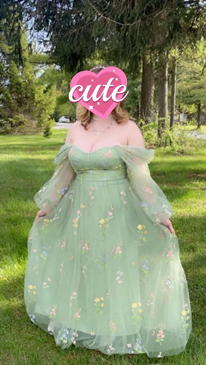 Flower Embroidery Prom Dresses Puffy Sleeve A-line Tulle Evening Party Gowns 2023 Tea Length for Women Formal Long Sleeve Green M – Bild 4