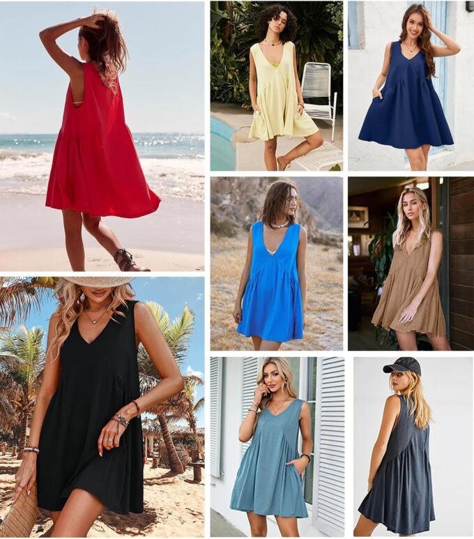Womens Babydoll Dress Summer Sleeveless Mini Dress Casual Loose V Neck Swing Flowy Beach Sundresses with Pockets – Bild 5