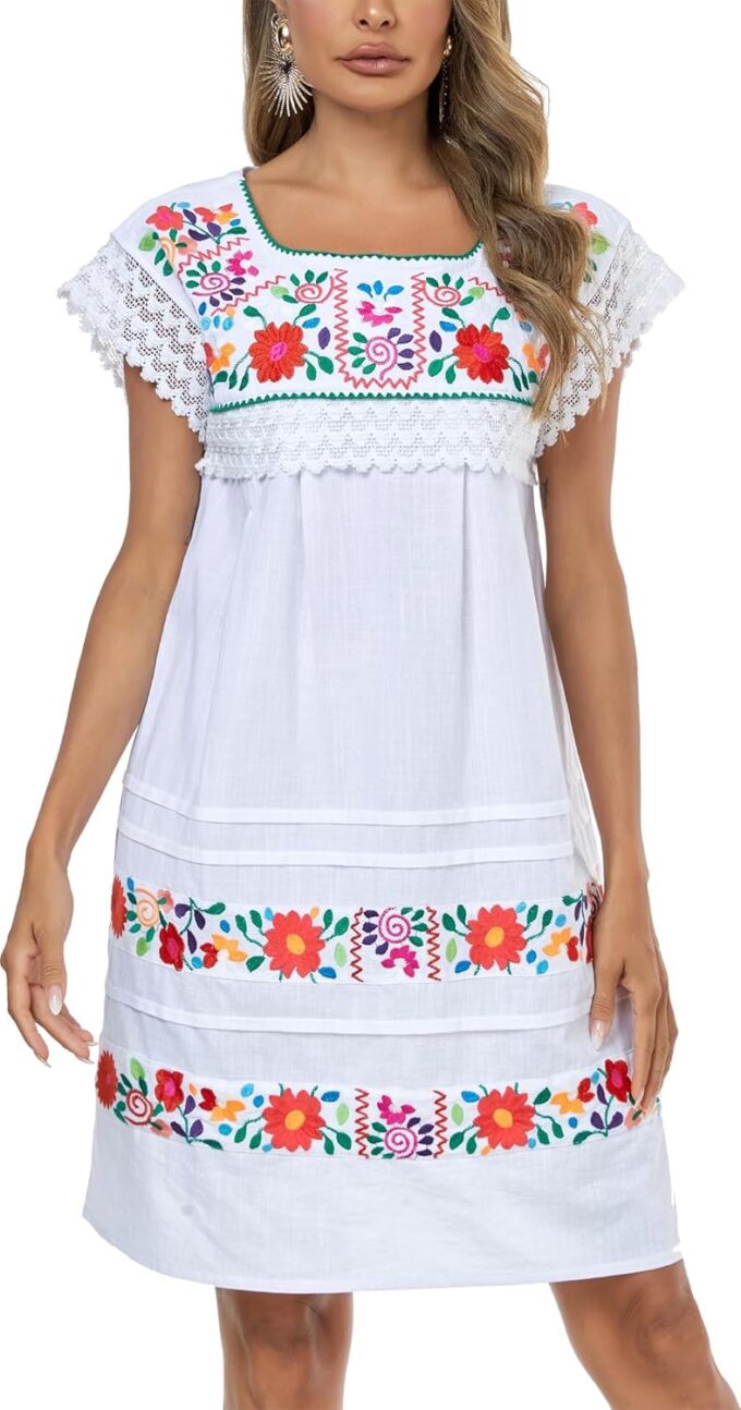 YZXDORWJ Women Embroidered Mexican Peasent Lace Short Sleeves Dress – Bild 6