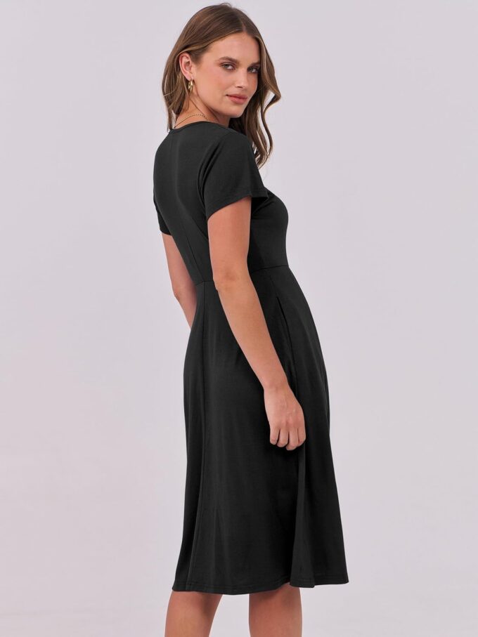 ANRABESS Women Summer Dress Casual Short Sleeve V Neck A-Line Knee Length Pleated Flowy 2025 Fashion Midi Dresses with Pocket – Bild 6