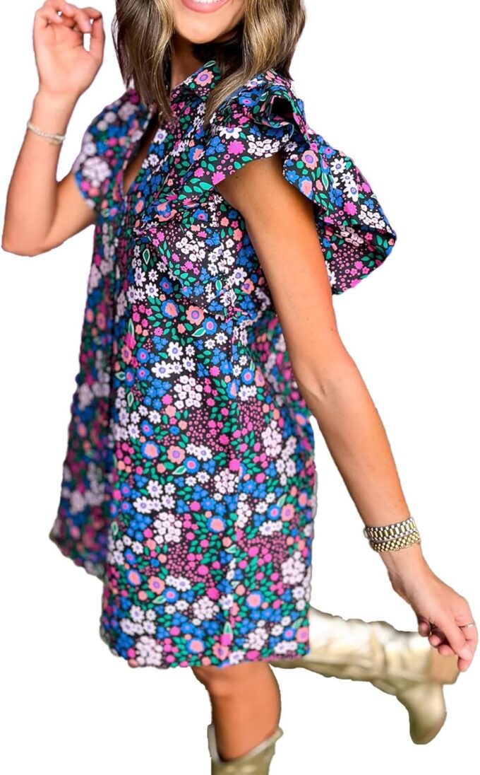 hibshaby Women's Floral Babydoll Mini Dress V-Neck Ruffle Sleeve Cute Dress Sundress – Bild 2