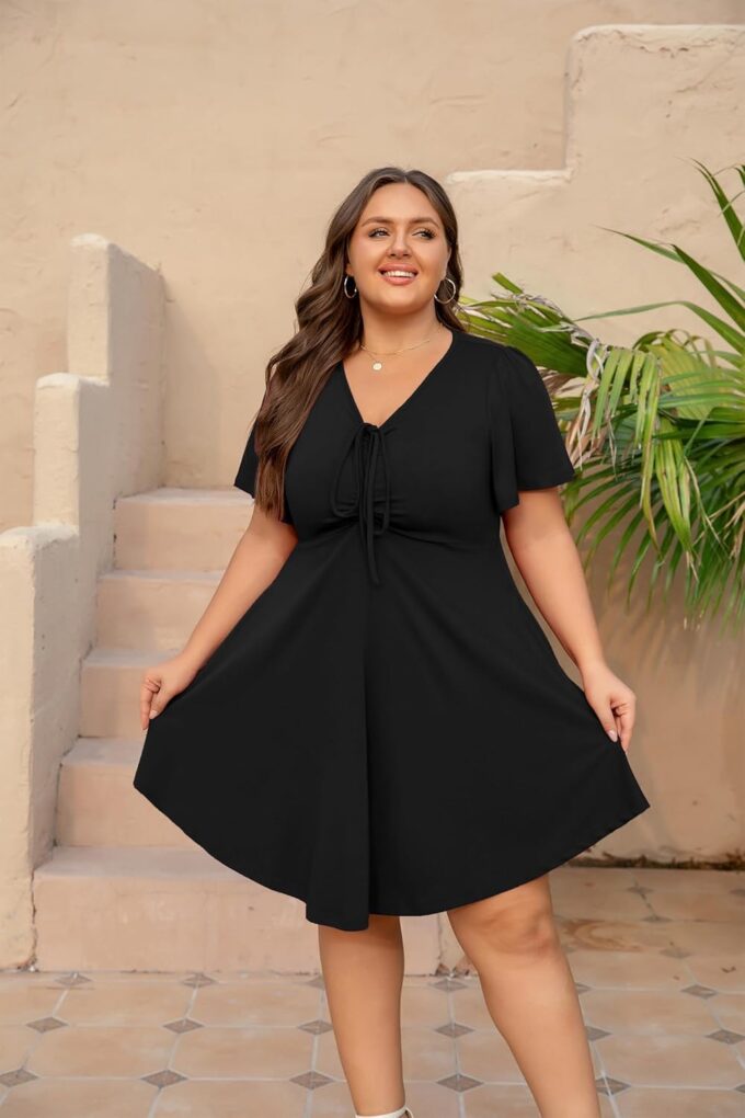 Women's Plus Size Dresses Casual Flowy Dress with Pocket Short Ruffle Sleeve V Neck Drawstring Bow Summer – Bild 4