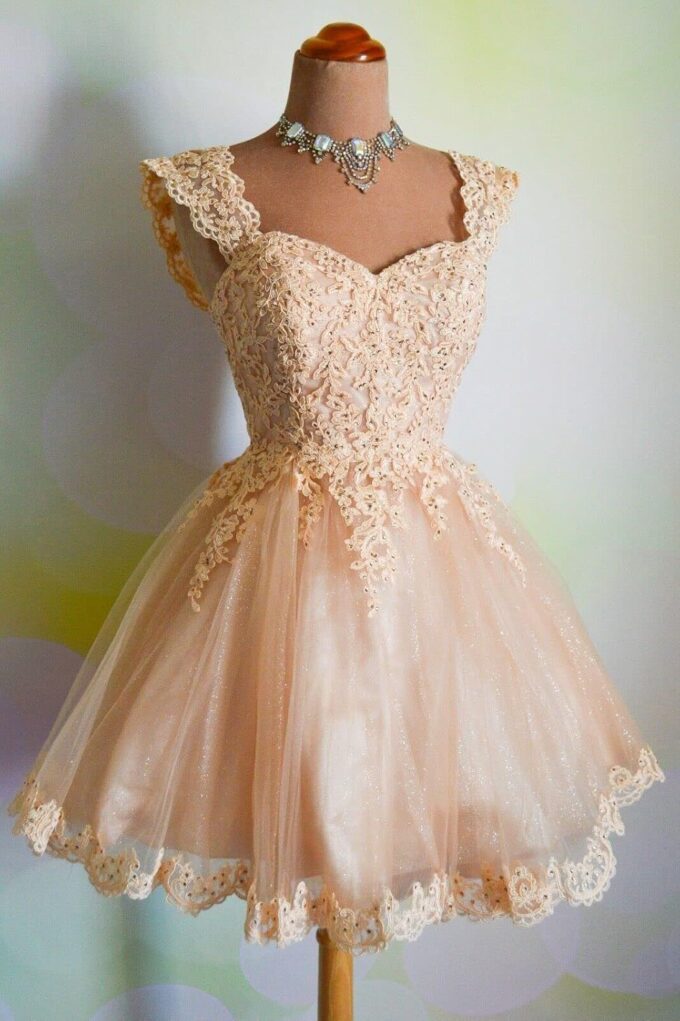 Sweetheart Homecoming Dress Lace Appliques Prom Dress Beaded Lace Mini Dress – Bild 3