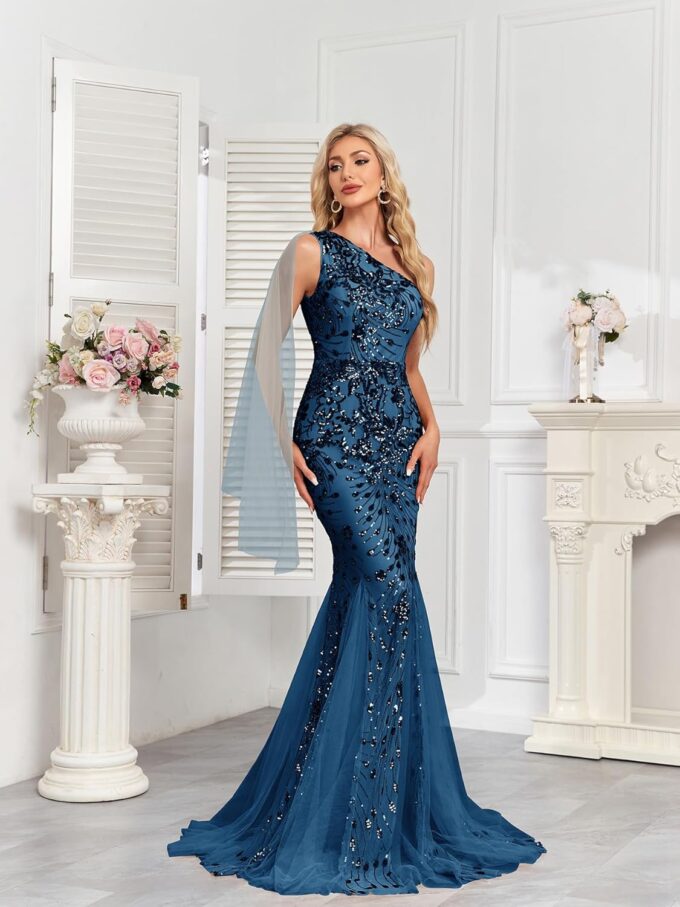 One Shoulder Glitter Mermaid Dress for Mother of The Bride Women's Sexy Sequin Formal Gown – Bild 5