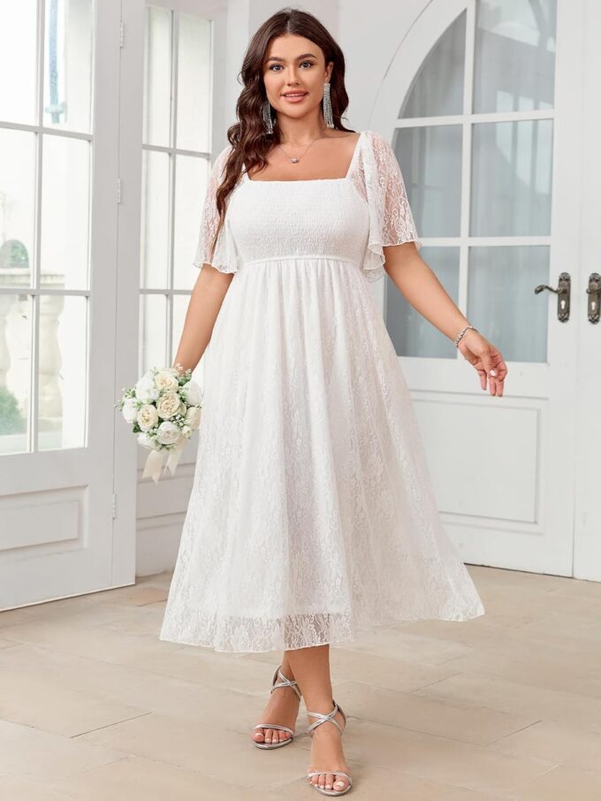 SCOMCHIC Women's Plus Size Wedding Guest Dress Formal Lace Square Neck Short Sleeve Smocked Flowy Cocktail Maxi Dresses – Bild 3