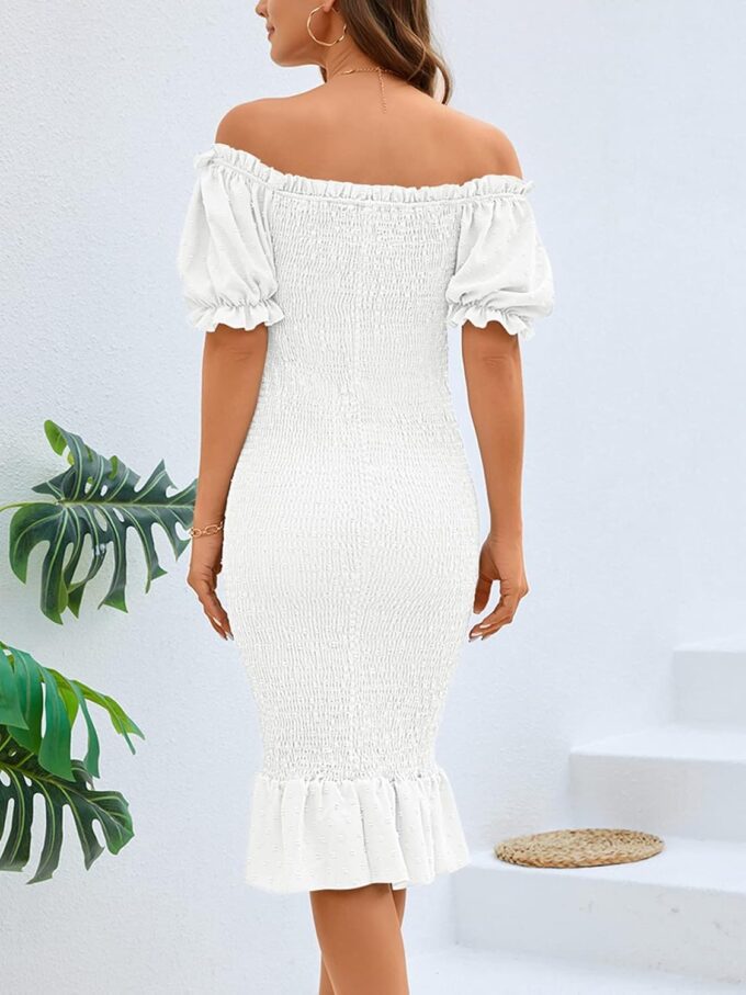 SENFURE Women's Summer Casual Midi Smocked Bodycon Dresses Puff Sleeve Square Neck Ruffle Mermaid Cocktail Dress – Bild 5